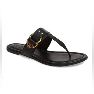 Tory Burch Black Leather Mardsen T=Strap Thong Sandal with Gold Hardware 7M